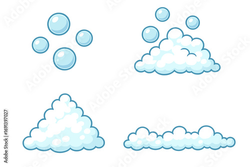 Bubble and foam vector illustration set. Cartoon soap suds and lather elements for cleaning, washing, bath, and hygiene designs. Blue bubbly water effect graphic assets.