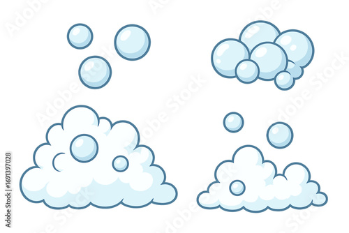 Vector cartoon soap bubbles and foam collection. Blue suds and lather for cleaning, bath, and laundry design. Effervescent fizzy water effect graphic elements set.