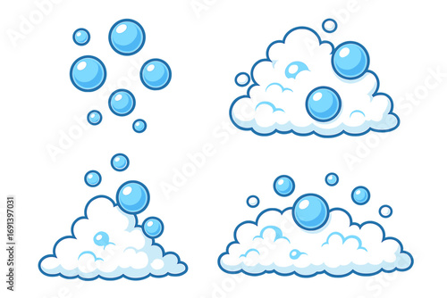 Soap bubble and foam vector illustration set. Cartoon suds, lather and effervescent water bubbles for cleaning, washing, and hygiene concepts. Blue shiny bubble elements.