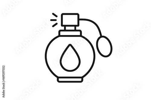 Elegant vintage perfume bottle icon with atomizer spray, linear outline design for graphic design, web, cards, books, articles, beauty, fragrance, cosmetics vector illustration