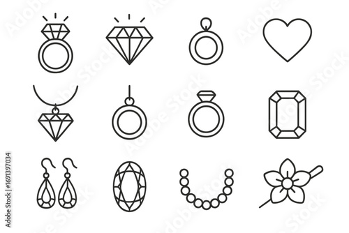 Jewelry outline icon set. Diamond ring, gemstone, earring, necklace and pearl line icons. Linear pictogram collection for web design, apps, logo. Editable stroke vector.