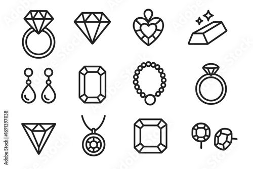 Jewelry line icons set. Diamond, ring, necklace, earring. Precious gem symbols. Luxury jewels, wealth, rich concepts. Vector outline pictogram for logo, app, web, infographic.