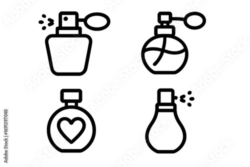 Perfume bottle icons set with cartoon outline style, spray atomizer, heart detail, elegant fragrance design, vector illustration for graphic design, web, cards, books, and articles