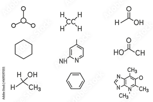 Chemistry formula icon set. Chemical structures of organic molecules. Skeletal formula of benzene, caffeine, ethanol. Science and education vector illustration background.