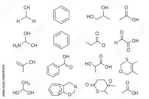 Chemical formulas and molecular structures set. Organic chemistry science vector illustration. Icons of molecules like benzene, acid, alcohol for education or lab concepts.
