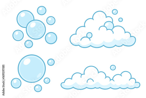 Bubble and foam isolated vector sign set. Cartoon illustration for web, books, cards, apps. Soap suds, water bubbles, fizzy drink effect. Clean, wash, hygiene concept.