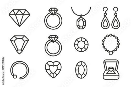 Jewelry and diamond line icon set. Engagement ring, gem, necklace, earrings vector icons. Luxury precious stone symbols for wedding. Modern outline gemstone pictogram collection.