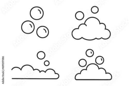 Bubble and foam outline icon set. Vector cartoon illustration for websites, apps. Soap suds, water cleaning concept. Fizzy drink, soda pop, liquid bubbles. Simple minimal.