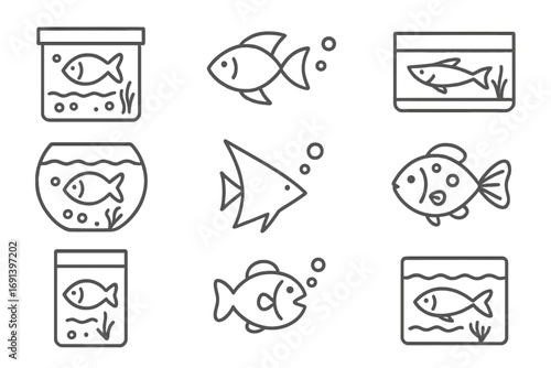 Fish and aquarium line icon set. Aquatic pet, fishbowl, and sea life pictograms. Simple linear vector symbols for web, apps, graphic design, and infographics. Editable stroke.