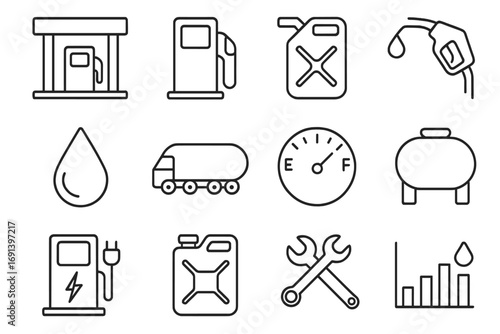 Gas station & fuel line icon set. Petrol pump, tanker truck, EV charging, energy & transport symbols. Vector outline pictogram collection with editable stroke for web & apps.