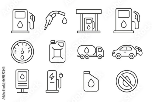Gas station and fuel line icon set. Petrol pump, oil can, tanker truck, car, and EV charging station outline icons. Vector pictograms for transport and energy concepts.