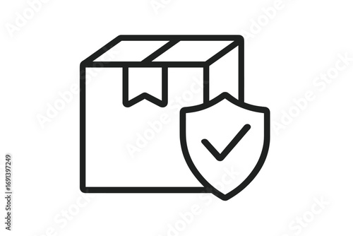 Secure delivery icon. Package protection and shipping insurance concept. Safe cargo and parcel guarantee symbol. Vector line illustration of box and shield with check mark.