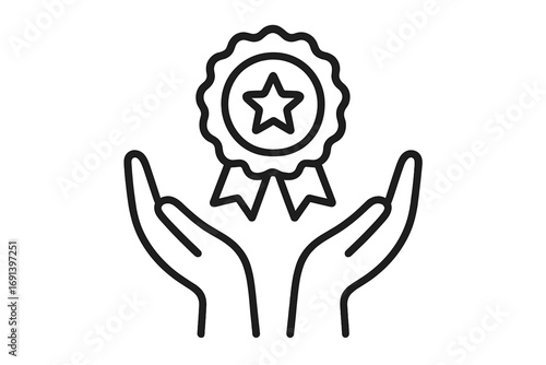 Hands holding award ribbon. Reward for success. Quality guarantee recognition concept. Best choice prize icon. Top service certification symbol. Vector line art illustration.