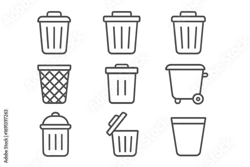 Trash can and garbage bin line icon set. Wastebasket, rubbish container, and wheelie bin vector icons. Editable stroke pictogram collection for web, ui, and apps.