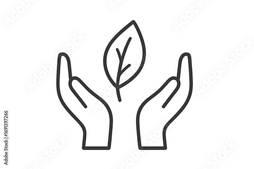Hands holding leaf line icon. Symbol of ecology, nature protection, environment conservation. Concept of growth, care, sustainability, organic, natural, vegan, eco-friendly.