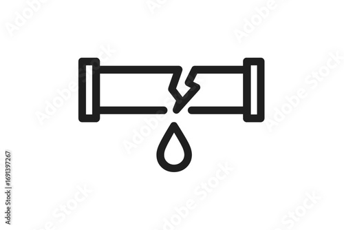 Broken pipe water leak icon. Plumbing problem, burst pipeline, and water damage concept. Leaking tube with drip symbol for emergency repair service. Outline vector logo.