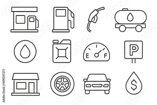 Gas station line icon set. Fuel pump, oil canister, car, and tanker vector icons. Petrol station outline symbols. Minimalistic linear pictograms with editable stroke.