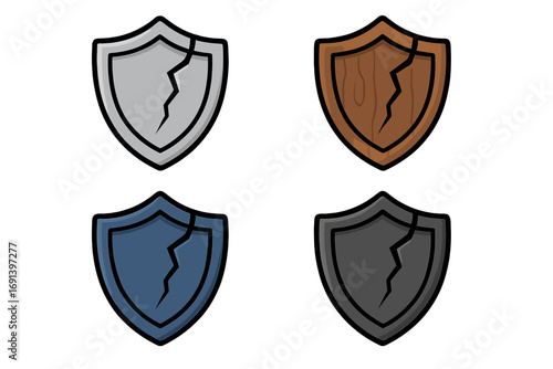Cracked shield vector icon set. Broken defense symbol. Concept for vulnerability, risk, damage, weak protection, security failure, data breach, loss and danger.