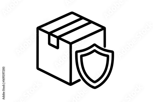 Secure delivery icon with box and shield. Concept for package protection, shipping insurance, and safe cargo handling. Logistics and guarantee symbol. Vector line art.