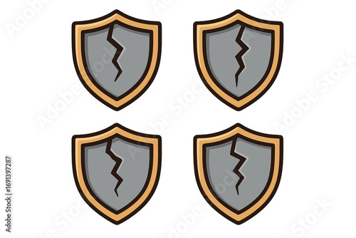Cracked shield vector icon set. Broken protection and security symbol. Damaged defense cartoon illustration. Vulnerability, failure concept for web, apps, games. Medieval coat of arms.
