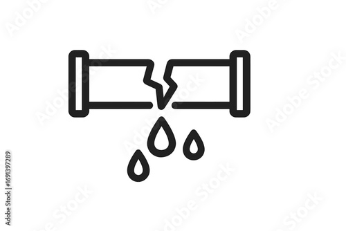 Broken pipe with water leak icon. Plumbing problem symbol. Burst pipeline, water damage, and dripping liquid concept. Vector outline illustration for emergency repair service.