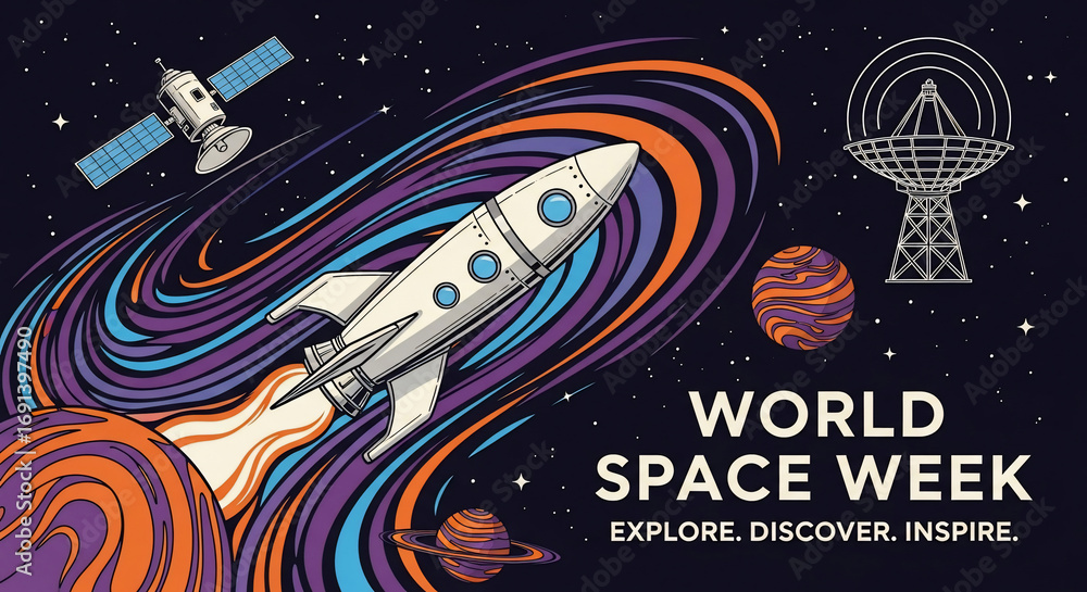 Obraz premium Vibrant World Space Week graphic: rocket launching through colorful cosmic trails, with satellite and radio telescope in space