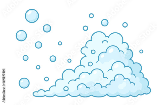 Soap foam with bubbles vector cartoon illustration. Blue cleaning suds and lather isolated on white. Concept of washing, hygiene, purity, freshness, bathroom, and shampoo.