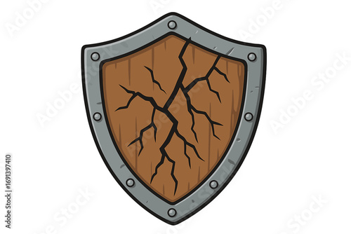 Broken shield vector icon. Cracked wooden knight armor. Metaphor for vulnerability, attack, data breach, insecurity, danger, and defeat. Damaged medieval defense symbol.