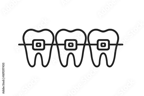 Teeth with braces vector line icon. Orthodontic treatment for a healthy smile. Dental alignment and correction concept. Dentistry and oral care symbol. Tooth line art.