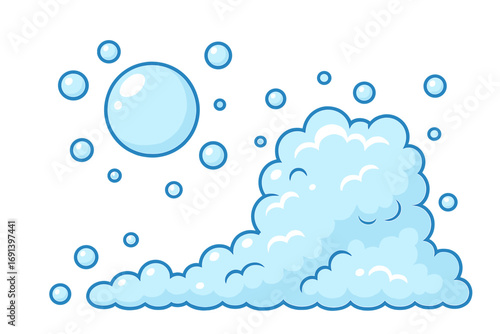 Soap bubbles and foam vector cartoon illustration. Suds and lather for cleaning, washing, and hygiene concepts. Blue bubbly water background element for design and graphics.