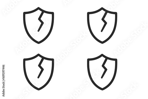 Cracked shield icon collection. Broken protection, security failure, vulnerability, and risk concept. Unsafe, danger, and data breach symbol for web and graphic design.