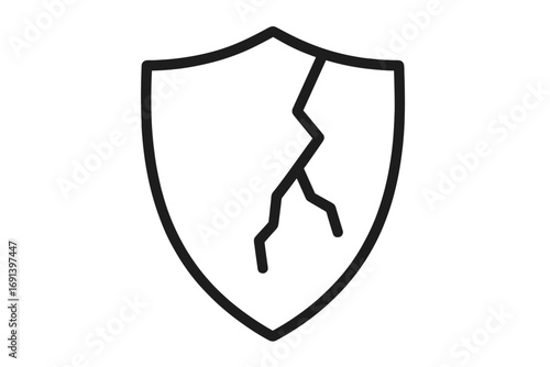 Cracked shield icon. Broken security sign. Vector symbol of vulnerability, danger, and risk. Unprotected, data breach, and failure concept for web and apps. Damage illustration.