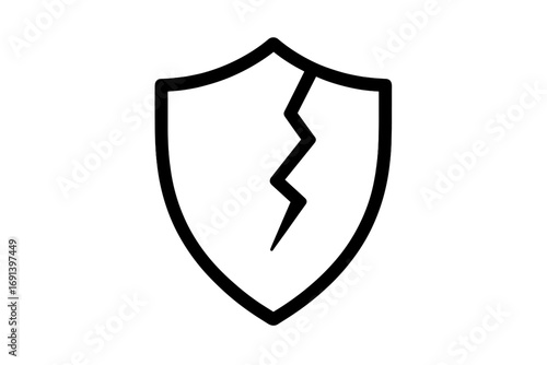 Broken shield icon vector. Cracked protection and safety symbol. Concept of vulnerability, insecurity, danger, and attack. Unsafe and unprotected sign. Data breach metaphor.