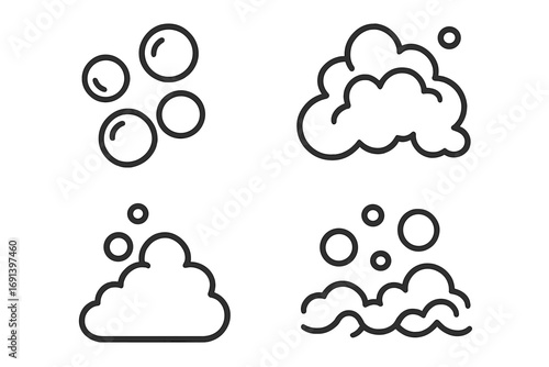 Bubble and foam line icon set. Soap suds vector outline illustration. Simple symbols for cleaning, washing, hygiene. Fizzy drink, soda pop, and champagne bubbles graphic.