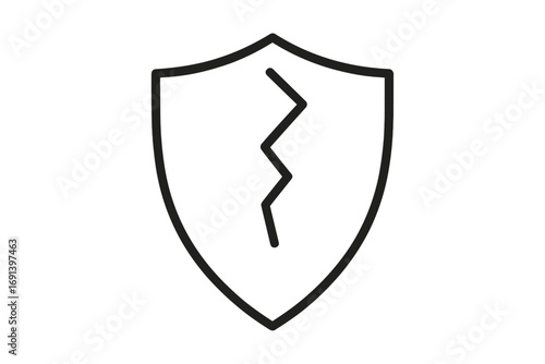 Cracked shield icon for vulnerability, risk, and weak defense. Concept of data breach, cybersecurity error, and no protection. Broken safety symbol for an unsafe system.