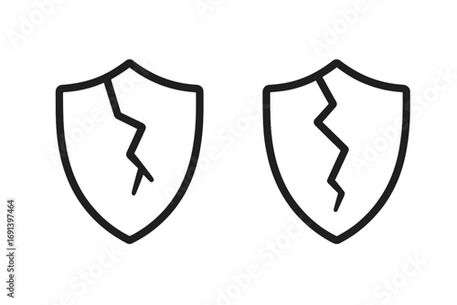 Cracked shield vector icon. Concept of broken security, vulnerability, danger, and risk. Unsafe and weak defense metaphor. Symbol of hacking, data breach and system error.