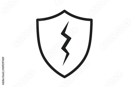 Cracked shield vector icon. Concept of vulnerability, data breach, and failed security. Broken protection symbol. Metaphor for risk, danger, error, weakness, and attack. Unsafe.