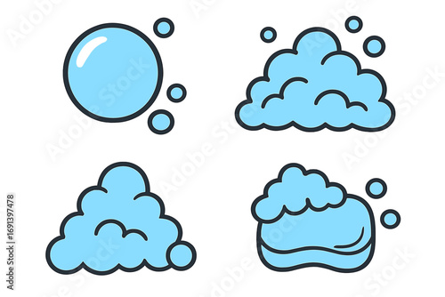 Soap bubble and foam simple vector icon set. Blue cartoon illustration of suds and lather for cleaning and hygiene concepts. Water wash graphic elements for web, apps, print.