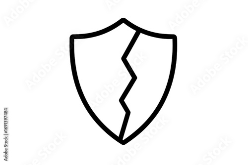 Cracked shield icon. Broken protection and security symbol. Metaphor for vulnerability, risk, data breach, failure, and attack. Weak defense concept. Unsafe and insecure.