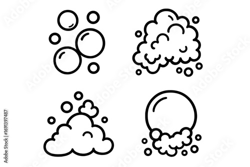 Bubble and foam simple thin line icon set. Vector cartoon illustration for web, apps, books. Soap suds, lather, and fizzy water cleaning concept. Transparent background.