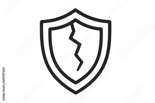 Broken shield icon representing vulnerability and failed security. Concept of data breach, risk, and danger. Unsafe, weak defense symbol for cyber attack or system error.
