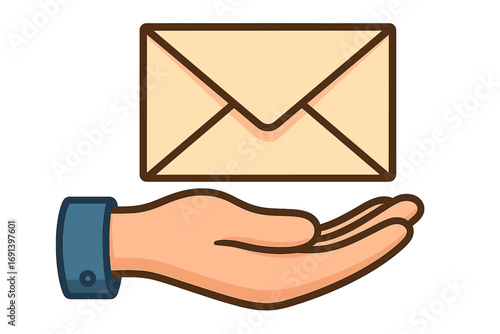 Hand holding envelope icon. Mail, message, and communication concept. Vector illustration for delivery service, postal mail, contact, and correspondence. Email notification.