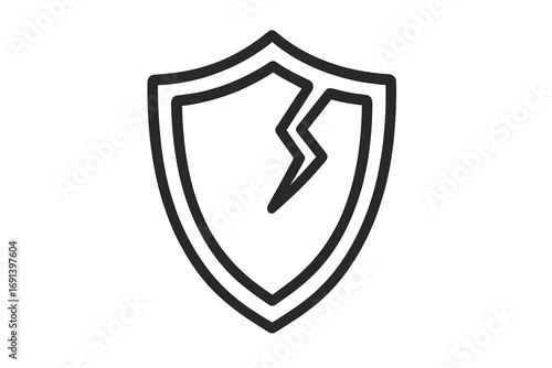 Cracked shield icon. Broken security symbol. Vulnerability and risk concept. Failed protection. Data breach metaphor. Cyber attack. System error. Unsafe, unprotected. Weak defense.