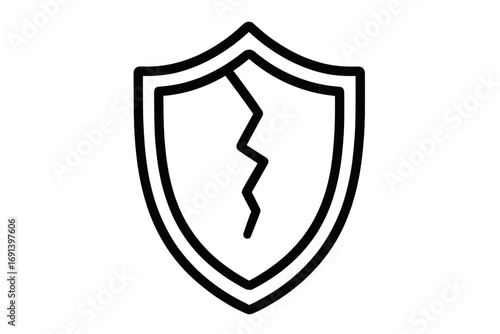 Broken shield icon symbolizing vulnerability and failed security. Cracked protection sign. Vector concept of risk, danger, and data breach. Metaphor for insecurity and attack.
