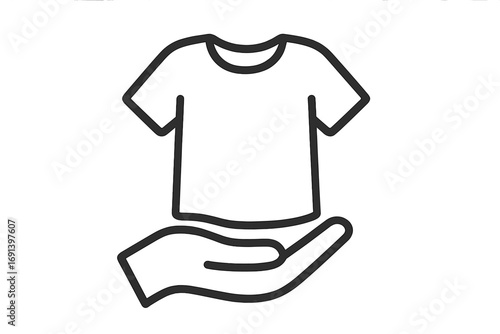 Hand holding t-shirt icon. Clothing donation symbol for charity, volunteering, and support. Second-hand apparel and laundry service concept. Vector line art illustration.