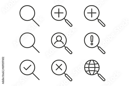 Magnifying glass thin line icon set. Search, zoom in, find user, and web search outline pictograms. UI UX graphic elements for website and mobile app interface design.