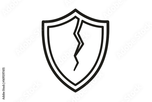 Broken shield icon representing vulnerability and risk. Cracked guard symbol for concepts of insecurity, data breach, no protection, danger, and system failure. Vector.