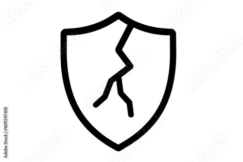 Cracked shield line icon. Concept of vulnerability, risk, and broken protection. Security failure, data breach, or system error symbol. Unsafe, danger, and weak defense.