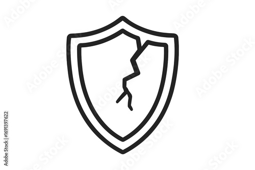 Cracked shield line icon. Concept of vulnerability, risk, and danger. Metaphor for broken protection, security failure, data breach, weakness, and system error. Vector.