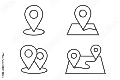 Map pin line icon set. Location pointer and marker for navigation. Minimalist pictogram with editable stroke. GPS destination, route, and position symbol for web design.